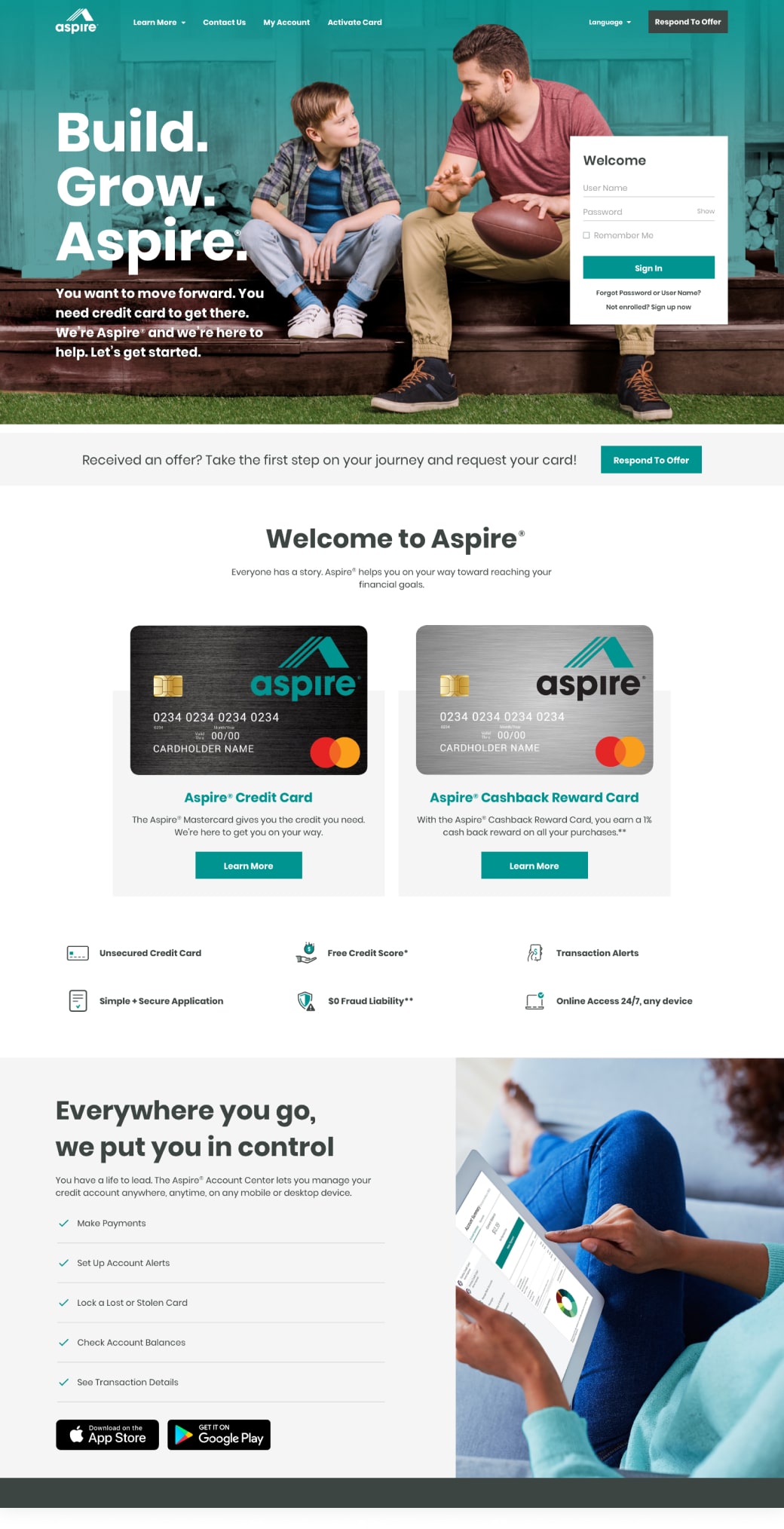 Aspire credit card landing page