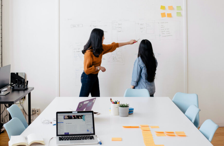 Team members working on whiteboard