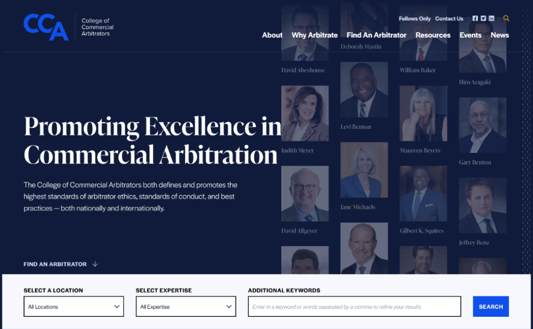Screen shots from College of Commercial Arbitrators' website.